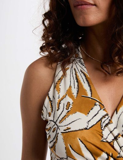 Top satinado con escote en V amarillo mostaza mujer