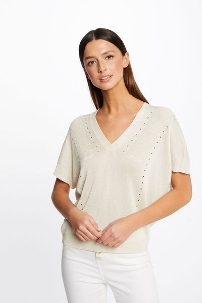 Jersey manga corta con escote en V beis mujer