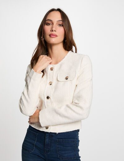 Chaqueta corta tweed marfil mujer
