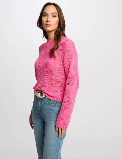 Jersey calado cuello redondo rosa mujer