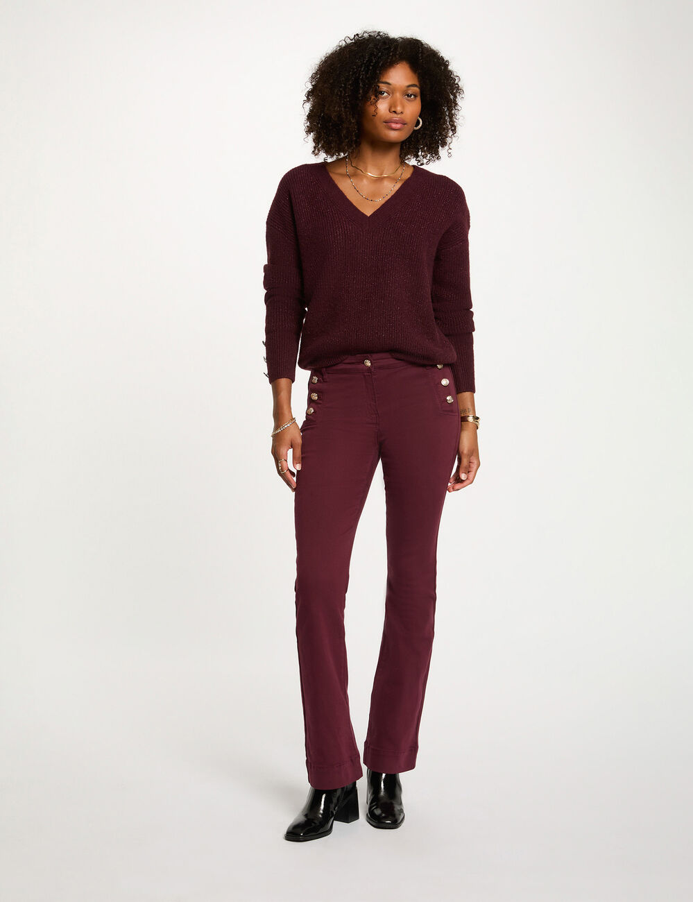 Jersey cuello en V oversize ciruela mujer