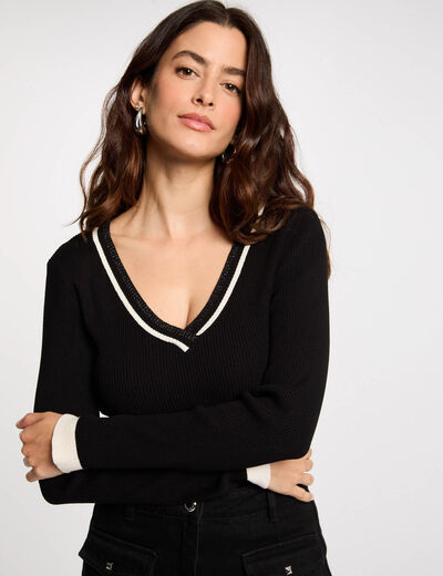 Jersey manga larga con escote en V negro mujer