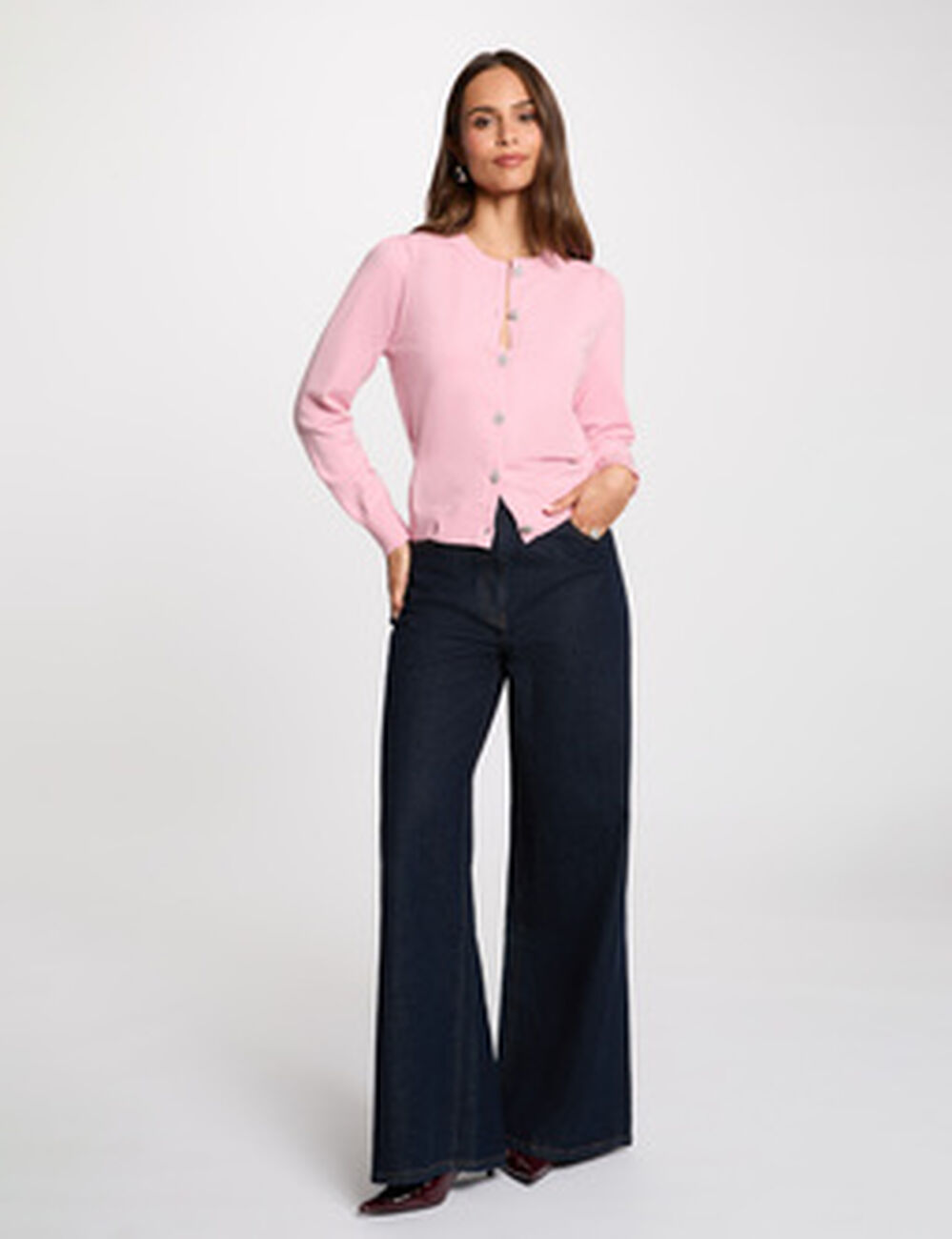 C&aacute;rdigan de punto con cuello redondo rosa pastel mujer