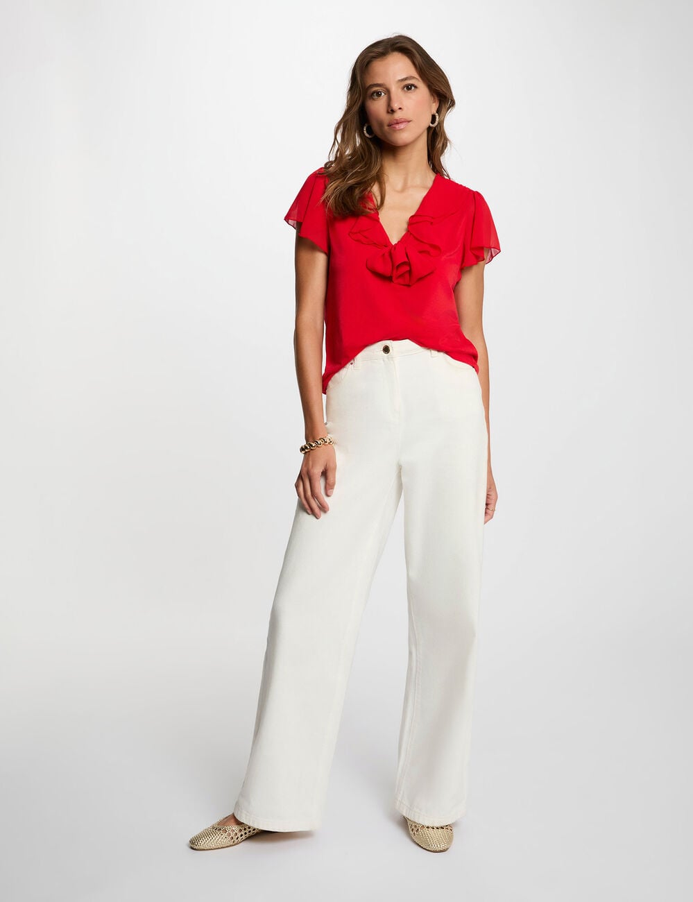 Camiseta con cuello lazada rojo vivo mujer