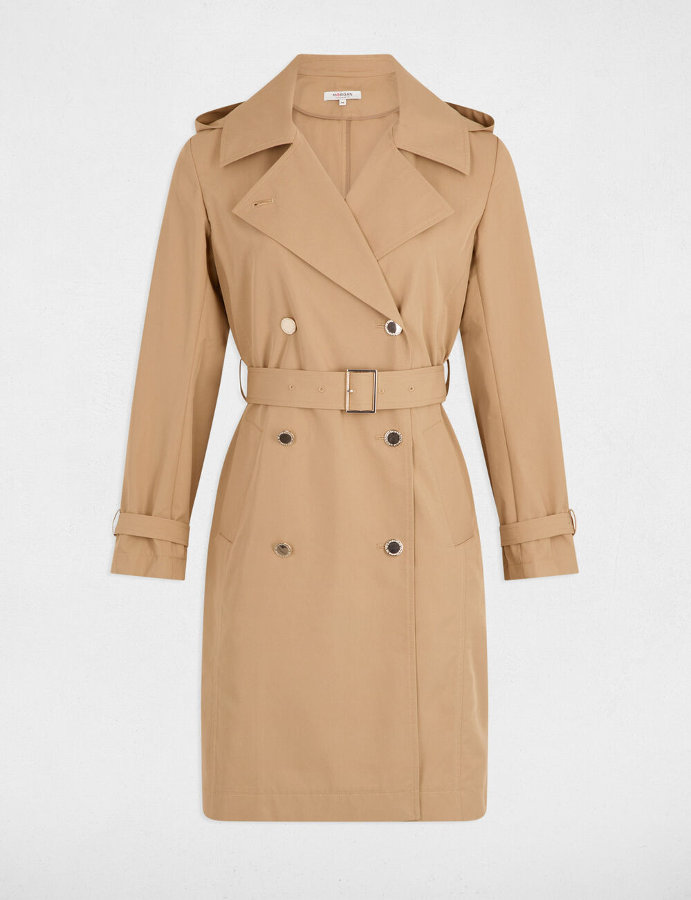 Gabardina larga con cinturón beige mujer
