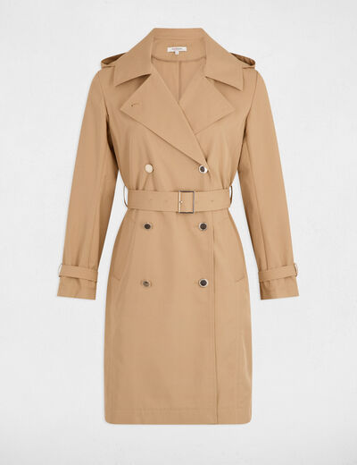 Gabardina larga con cinturón beige mujer