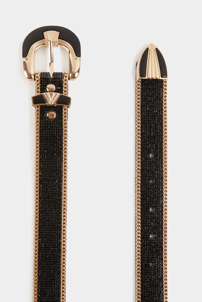 Cinturón con strass y cadenas negro mujer