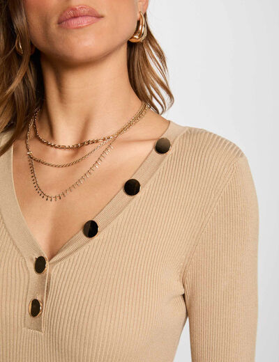 Jersey de manga larga punto fino botones marron clair mujer