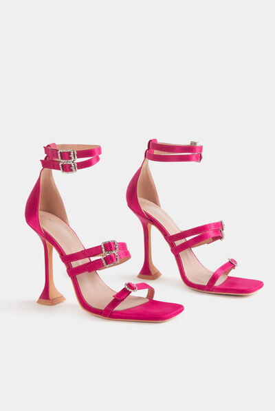 Sandalias de tacón detalles tipo joya rosa mujer