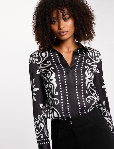 Camisa fluida estampada negro mujer