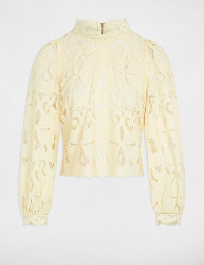 Blusa bordada cuello alto amarillo pastel mujer