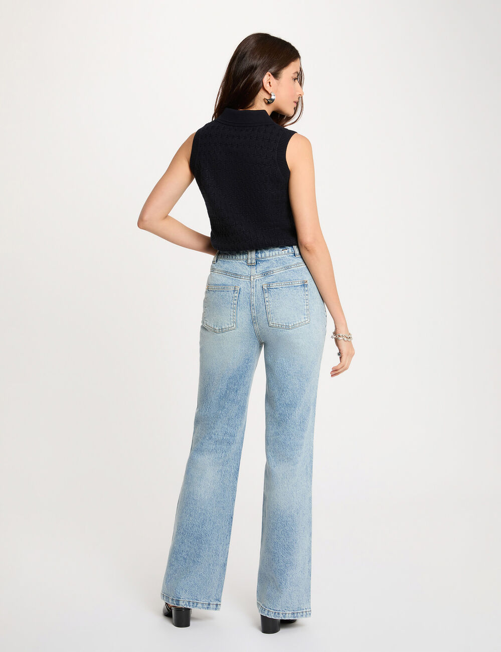 Vaqueros anchos de tiro alto denim doble stone mujer