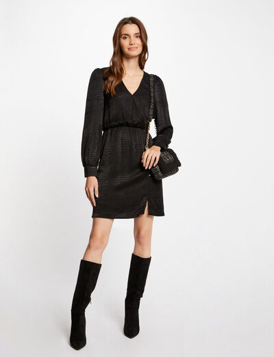 Vestido recto de satén estampado animal negro mujer