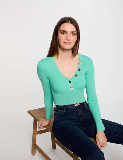 Jersey de manga larga punto fino botones verde menta mujer