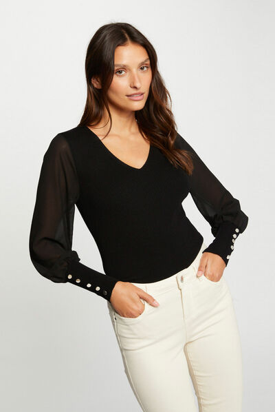 Jersey manga larga semi-transparente negro mujer