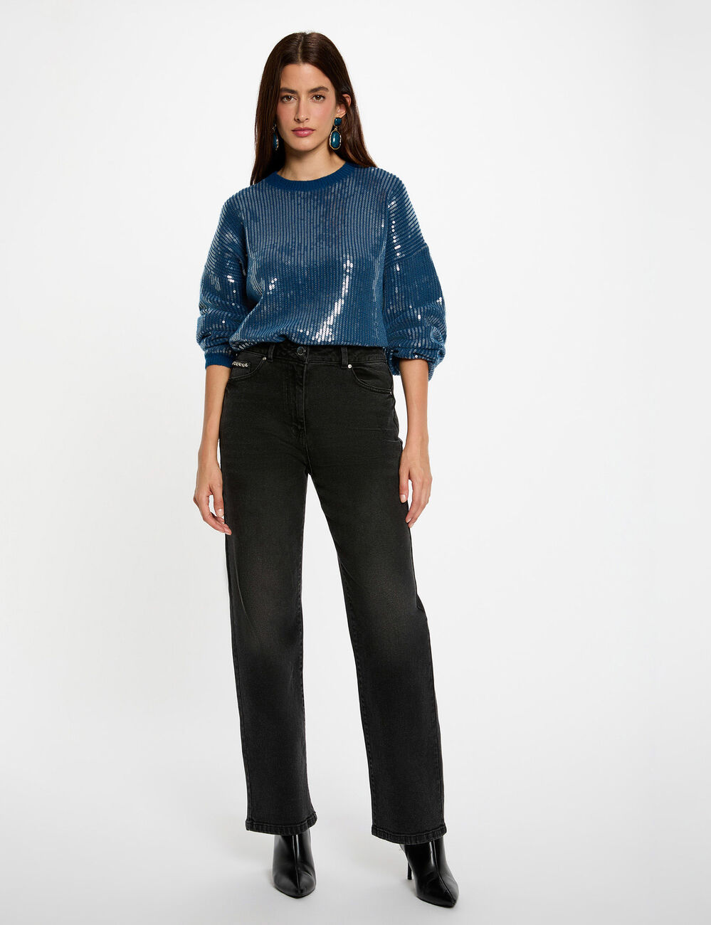 Jersey de lentejuelas cuello redondo azul petr&oacute;leo mujer
