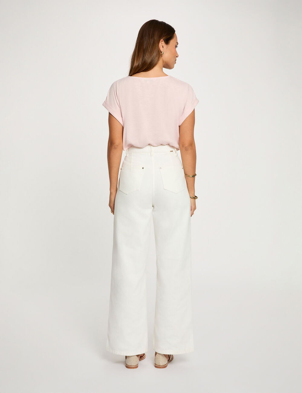 Camiseta cuello v manga corta rosa claro mujer