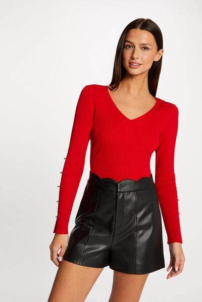 Jersey manga larga aberturas con botones rojo mujer