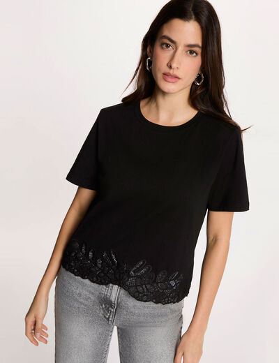 Camiseta bordada cuello redondo negro mujer