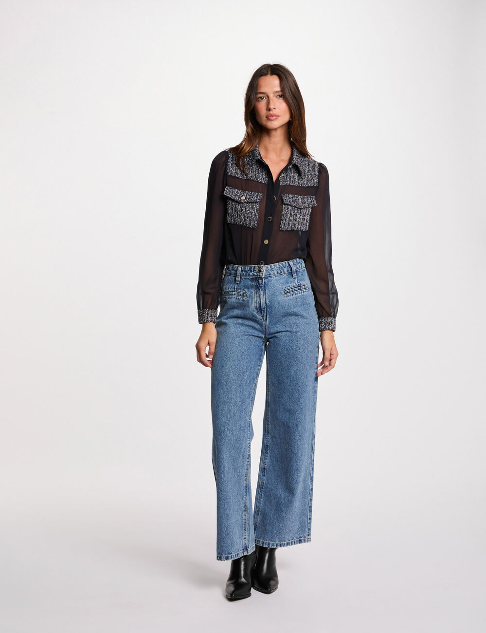 Camisa manga larga azul marino mujer