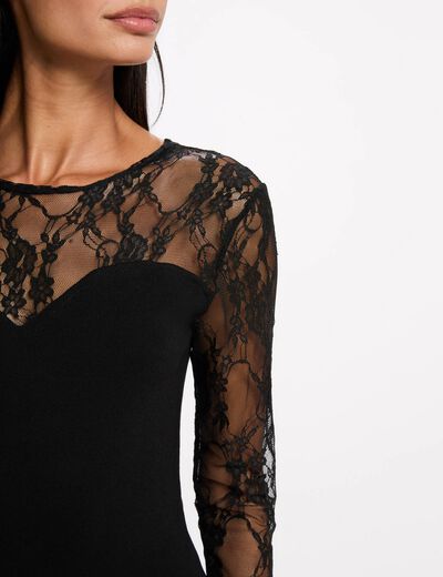 Body de encaje con cuello redondo negro mujer