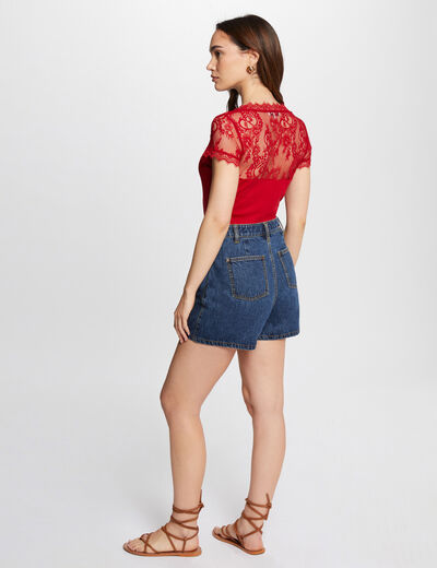 Camiseta manga corta con encaje rojo mujer