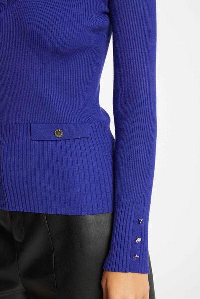 Jersey manga larga acanalado escote en V azul medio mujer