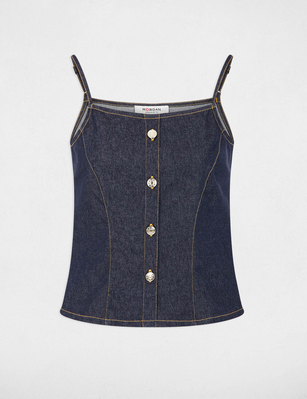 Top ajustado de denim denim crudo mujer