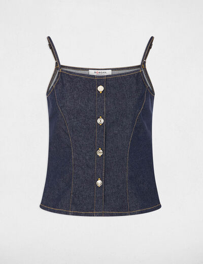 Top ajustado de denim denim crudo mujer