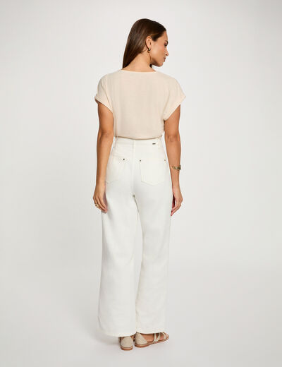 Camiseta cuello v manga corta beige mujer