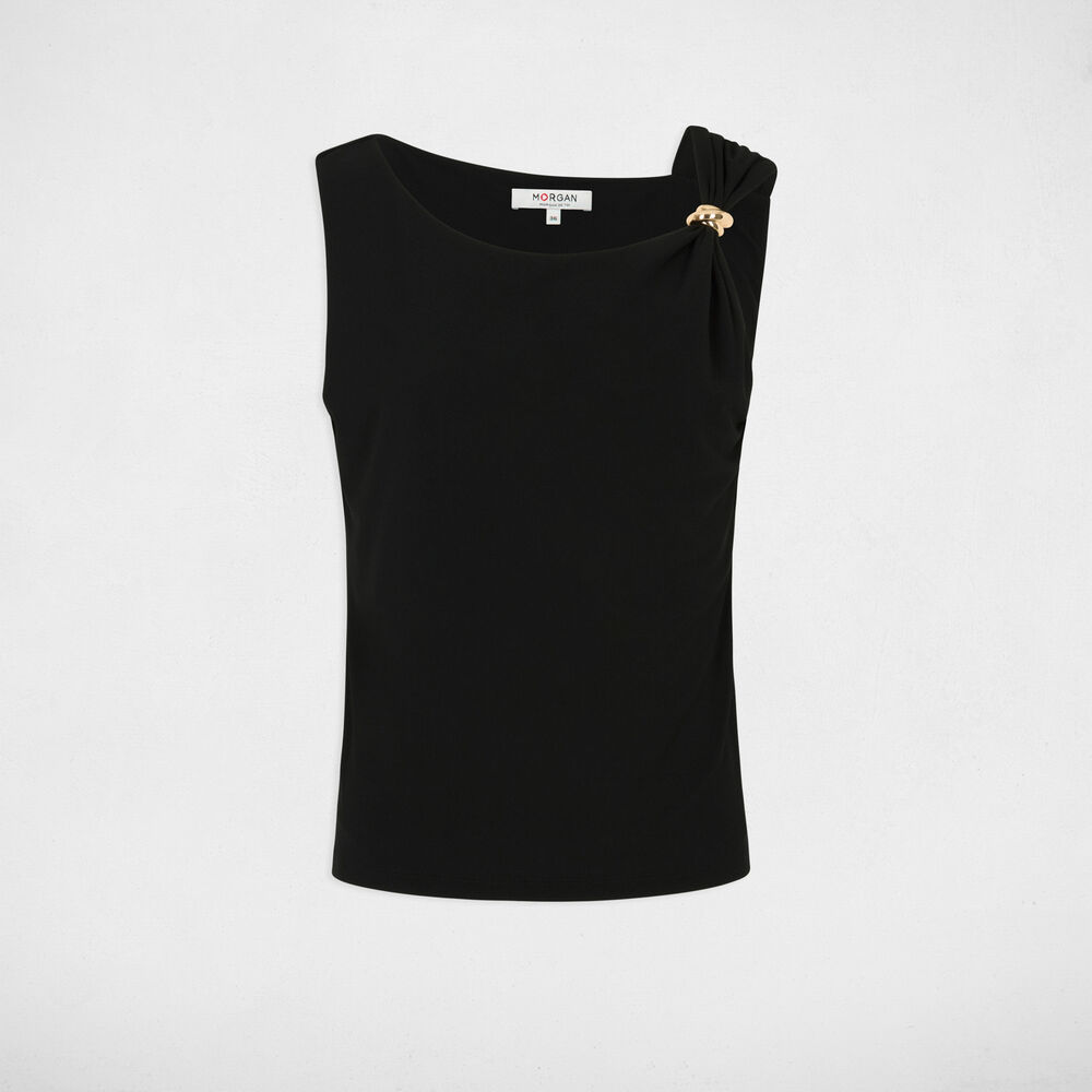 Camiseta asim&eacute;trica con joya negro mujer