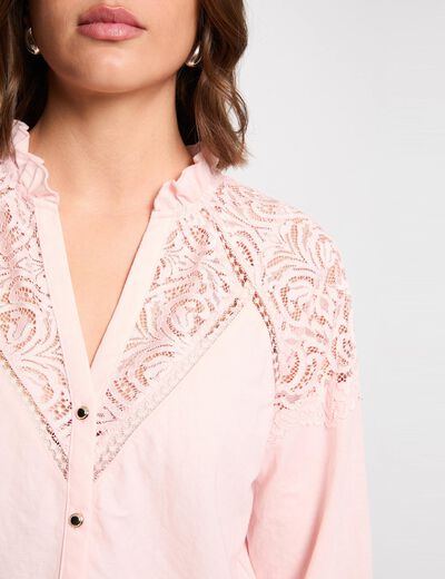 Camiseta de encaje con cuello en v rosa claro mujer