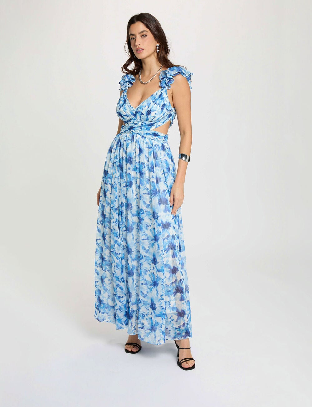 Vestido largo floral acampanado azul marino mujer