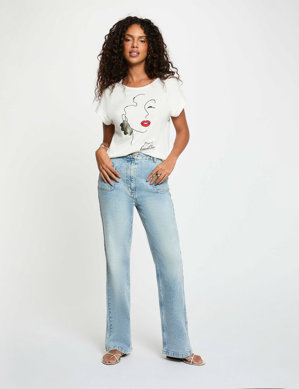 Camiseta recta con cuello redondo blanco mujer