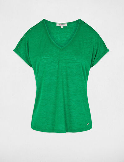 Camiseta cuello v manga corta verde pradera mujer