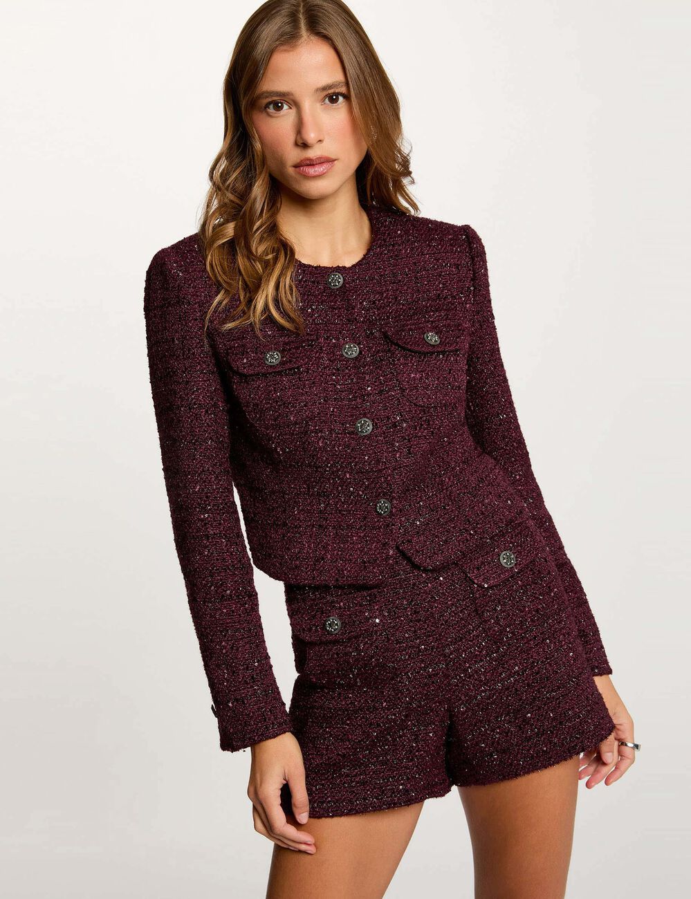 Pantal&oacute;n corto de tweed de tiro alto ciruela mujer