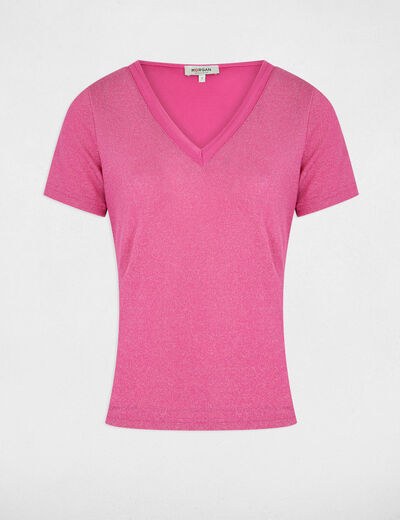 Camiseta manga corta con escote en V rosa mujer