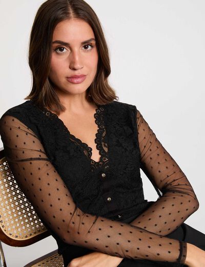 Body de encaje con escote en v negro mujer