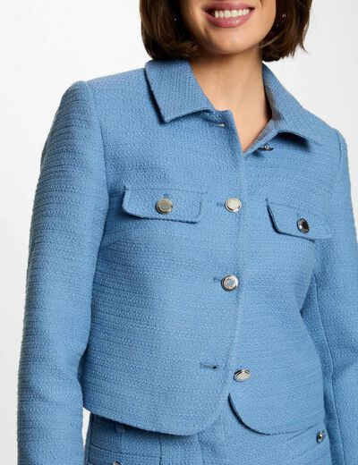 Chaqueta corta tweed bleu gris mujer
