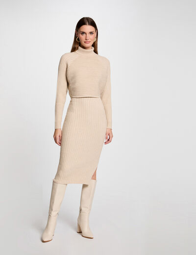 Vestido de punto ajustado efecto 2 en 1 beige mujer
