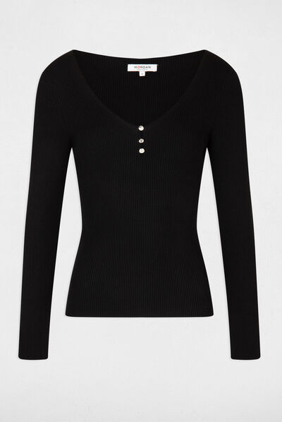 Jersey manga larga con escote en V negro mujer