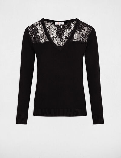 Jersey escote en V y encaje negro mujer