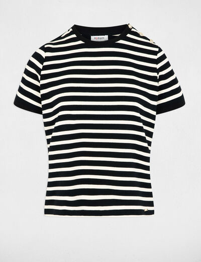 Camiseta de rayas con cuello redondo negro mujer