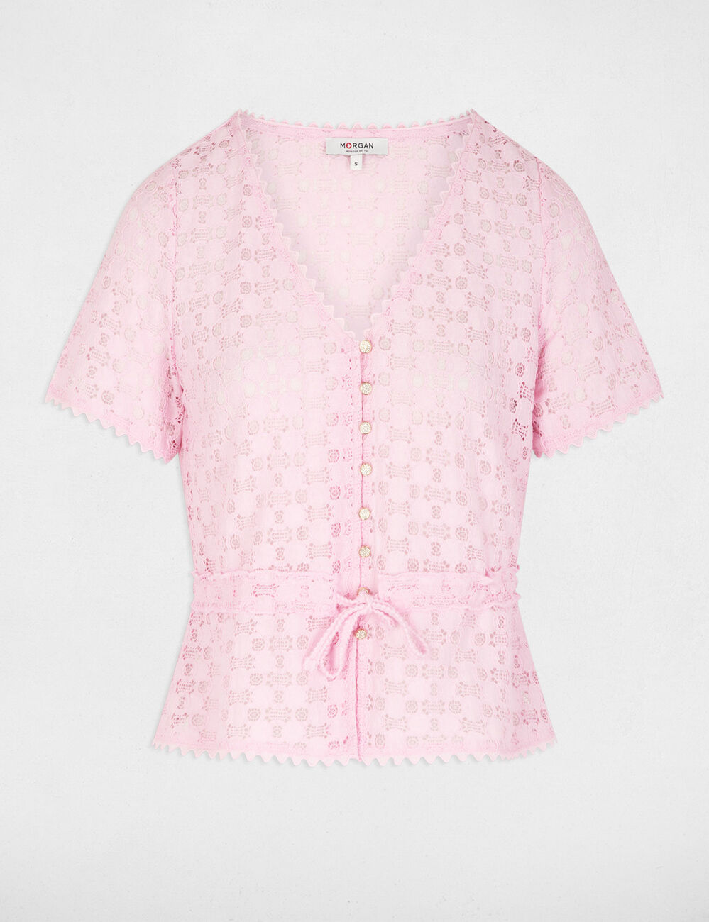 Camiseta manga corta de encaje rosa mujer