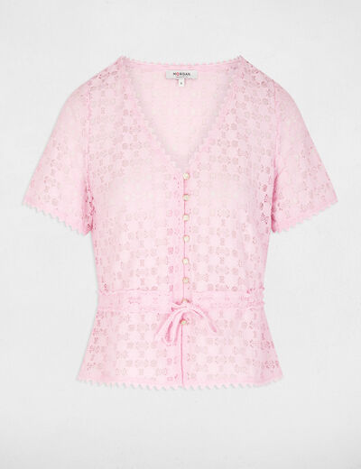 Camiseta manga corta de encaje rosa mujer