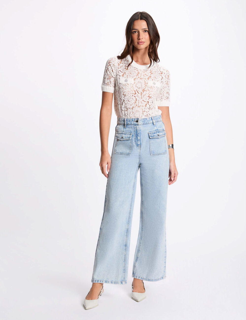 Jersey manga corta encaje blanco mujer