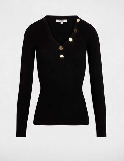 Jersey de manga larga punto fino botones negro mujer