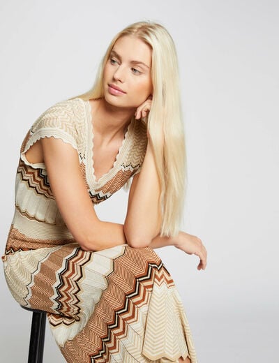 Vestido largo estilo jersey recto marr&oacute;n co&ntilde;ac mujer