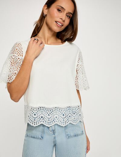 Camiseta de encaje con cuello redondo blanco mujer
