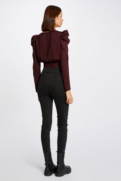 Blusa manga larga con escote cruzado ciruela mujer
